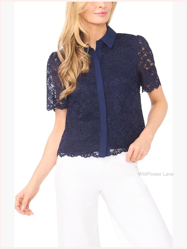 Lace Short Sleeve Hidden Placket Blouse Button Down Shirt